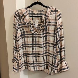 LOFT Outlet, White/Blue/Pink Plaid Ruffle Blouse, Size MED Petite, NWT